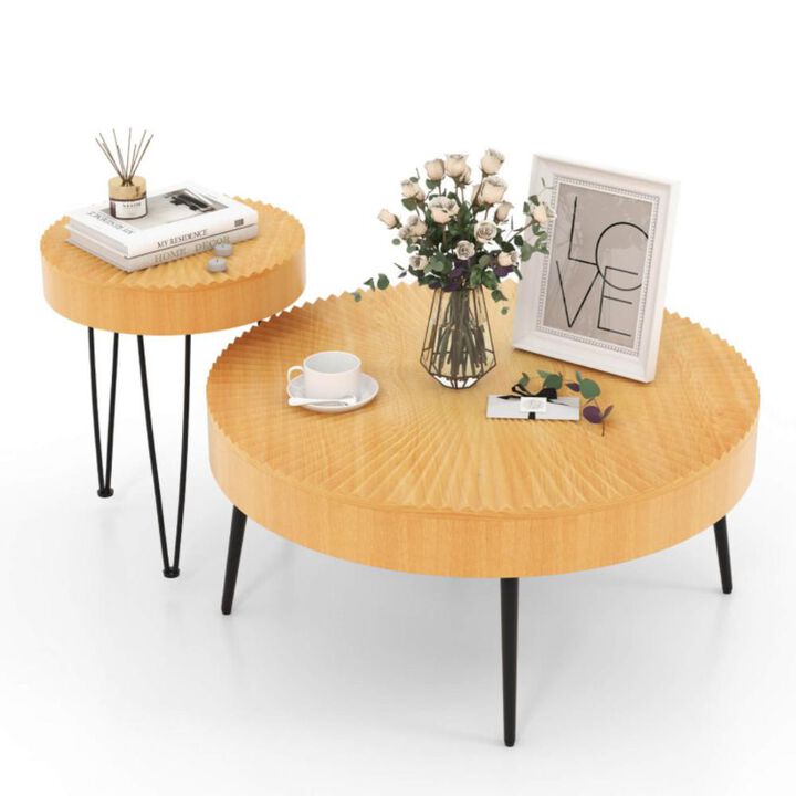 Hivvago Set of 2 Boho Round Coffee Table with Solid Pine Wood Top and Metal Legs