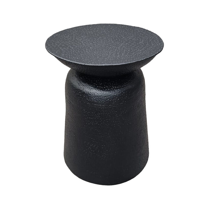 Josi 21 Inch Round Side End Table, Handcrafted Hammered Design, Drum Pedestal Aluminum Base, Matte Black - Benzara