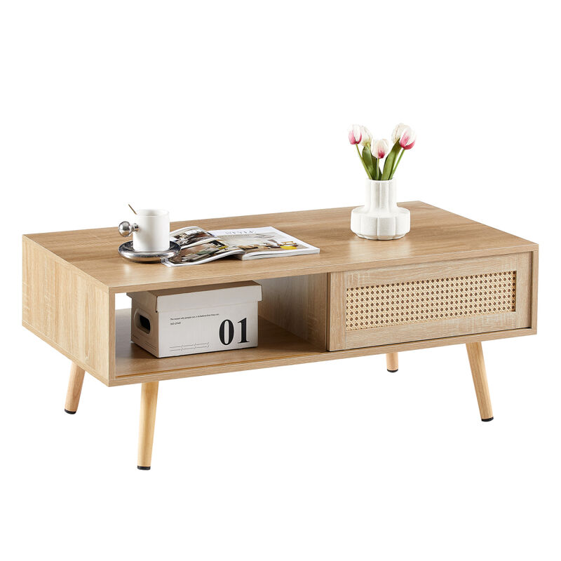 Rattan Coffee Table, Sliding Door For Storage, Solid Wood Legs, Modern Table For Living Room