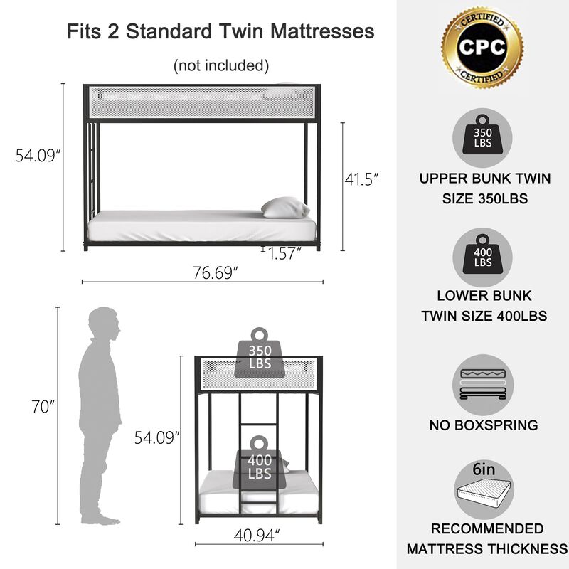 Twin Over Twin Bunk Metal Bed Frame with Mesh Guard Rail, Removable Ladder, Low Loft Bunk for Kids Bedrooms, Easy Assembly, Black