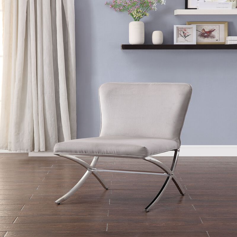 Velvet Upholstered Metal Side Chair with X Style Base, Light Gray and Silver, Set of Two-Benzara