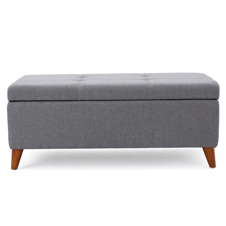 Storage Ottoman Bench, Gray Fabric Cushions, Brown Wood Legs, 38 Inch - Benzara