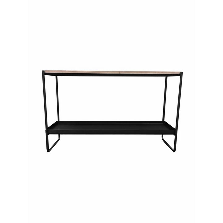 Evon 39 Inch Console Table, Natural Brown Wood Top and Shelf, Black Metal - Benzara