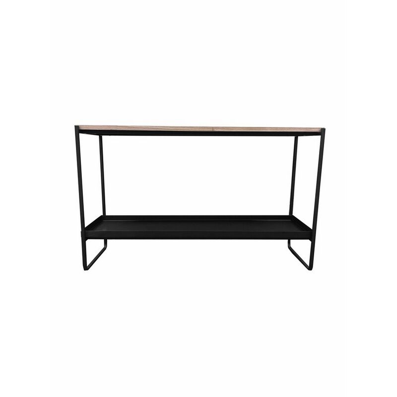 Evon 39 Inch Console Table, Natural Brown Wood Top and Shelf, Black Metal - Benzara