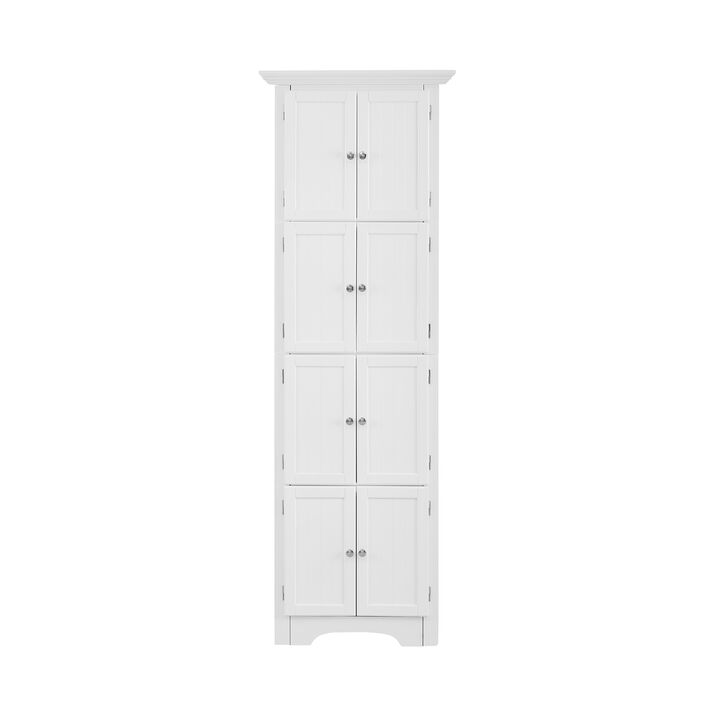 Modern White Tall Storage Cabinet with Doors and 4 Shelves
