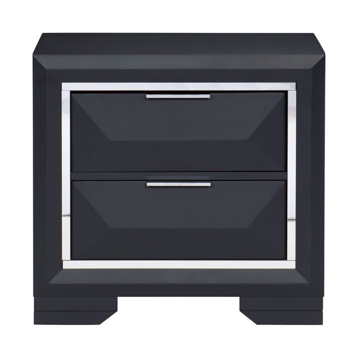 Rosy 27 Inch Nightstand, 2 Drawers, Chrome Accents, Midnight Blue Wood - Benzara