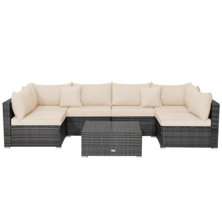 7 Pieces Patio Rattan Furniture Set with Sectional Sofa Cushioned