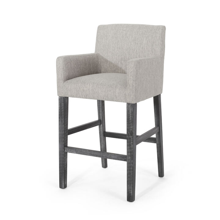 Counter Height Chair Set of 2, H-Frame Base, Rubberwood, Light Gray Fabric - Benzara