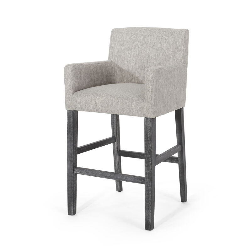 Counter Height Chair Set of 2, H-Frame Base, Rubberwood, Light Gray Fabric - Benzara