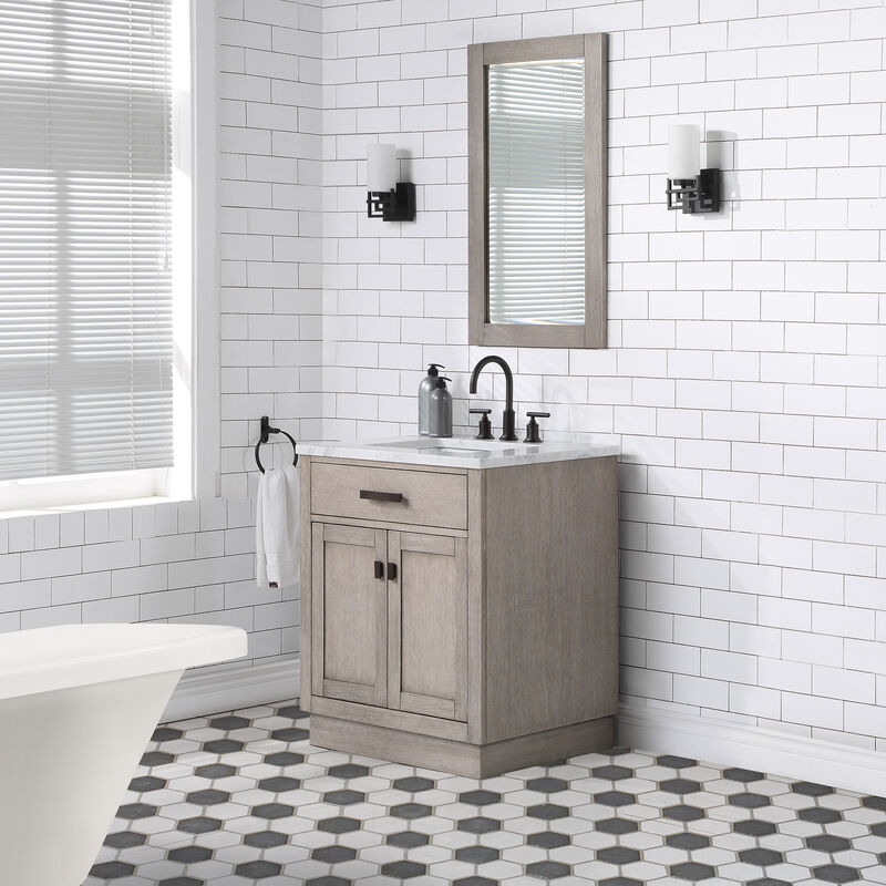 Chestnut 30 In. Single Sink Carrara White Marble Countertop Bath Vanity In Grey Oak with Oil Rubbed Bronze Hardware