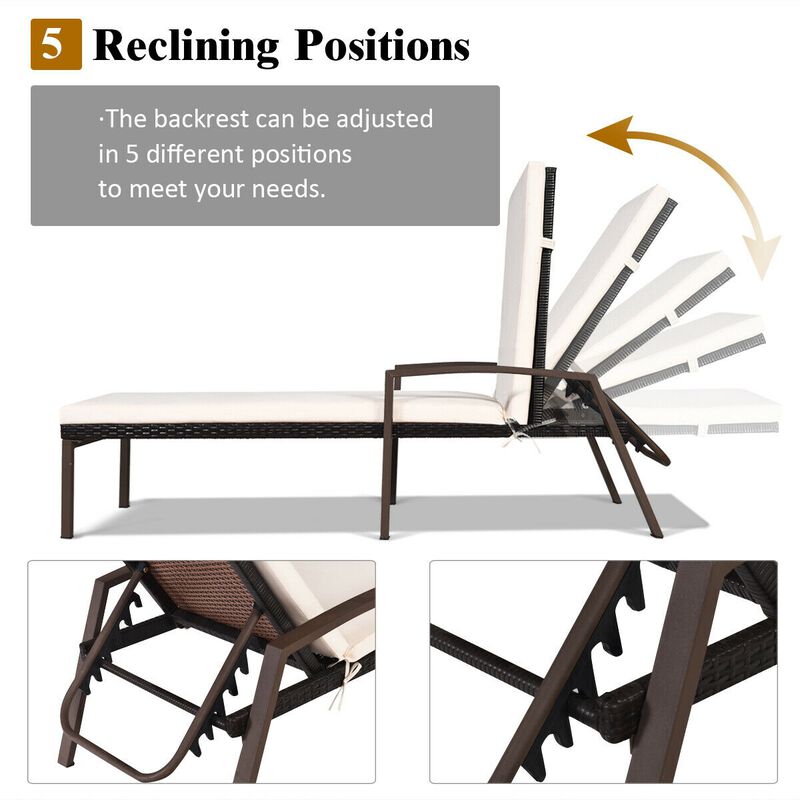 Patio Rattan Lounge Chaise Recliner with Back Adjustable Cushioned
