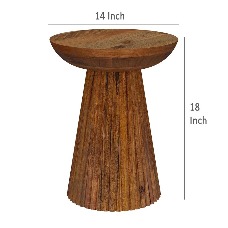 Ureo Round Accent Side Table, Cone Pedestal Base, Brown Mango Wood - Benzara