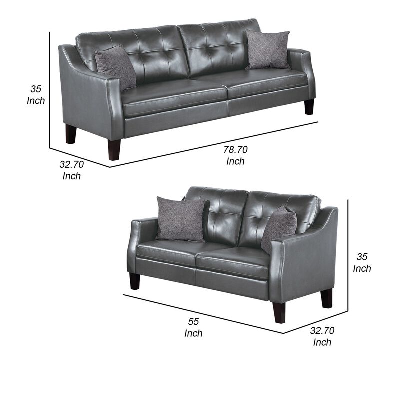 Hera 2 Piece Sofa and Loveseat Set, 4 Pillows, Classic Gray Faux Leather-Benzara