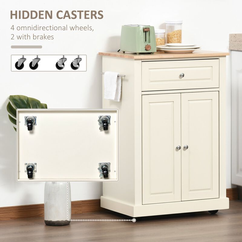 Cream Kitchen Helper: Portable Island Cart with Drawer and Shelf