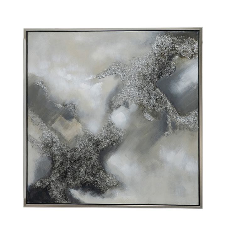 39 x 39 Stormy Skies Framed Handpainted Wall Art, Square, Canvas, Gray  - Benzara