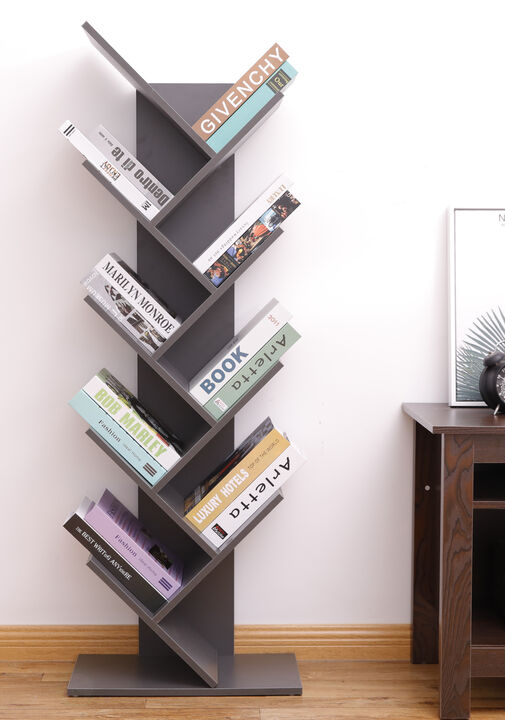 Wooden 9-Shelf Tree Magazine CD Storage Bookcase, Brown