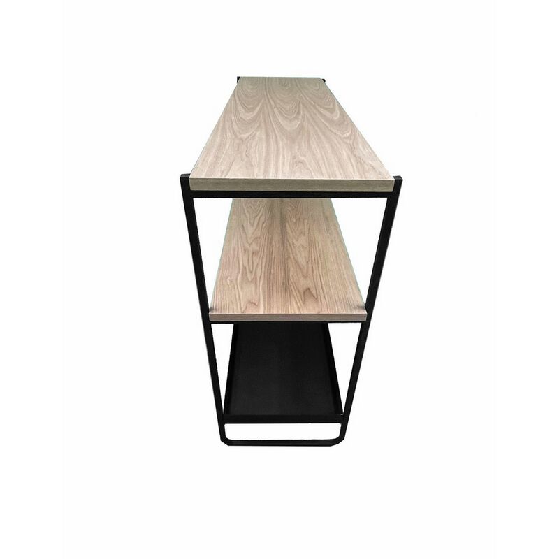 Evon 40 Inch Shelving Unit, Natural Brown Wood Top, 3 Shelves, Black Metal - Benzara