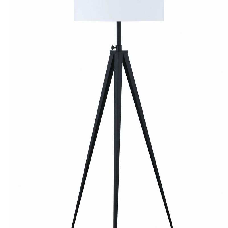 Height Adjustable Metal Tripod Floor Lamp with Fabric Shade, White and Black-Benzara