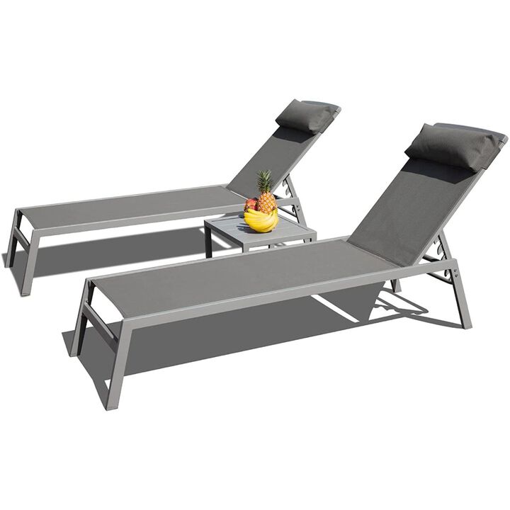 Aluminum Pool Lounge Set, 3 Pieces Textilene Recliner With Headrest