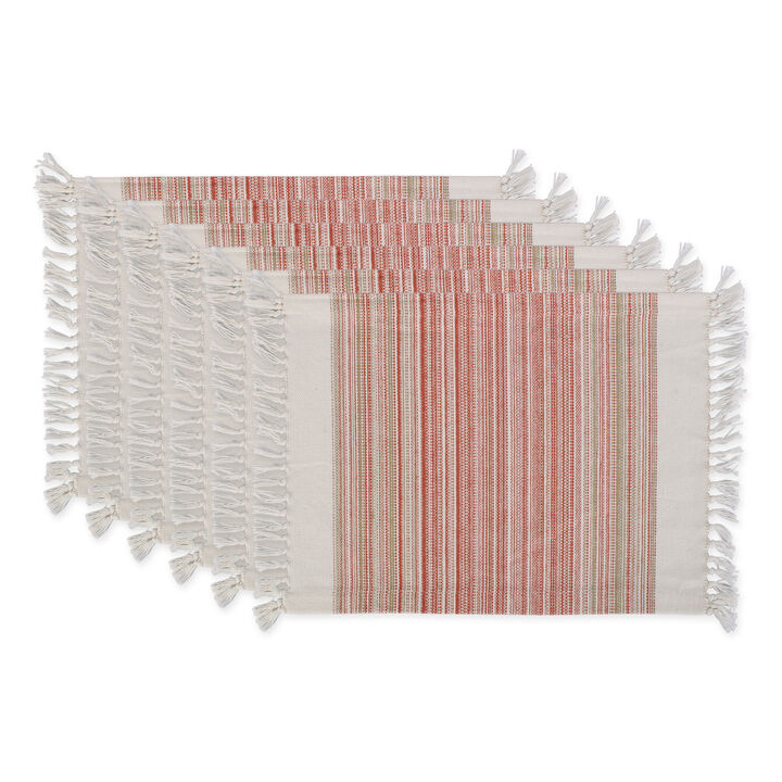 Set of 6 White  Red and Brown Stripe Frindged Rectangular Placemat 19"