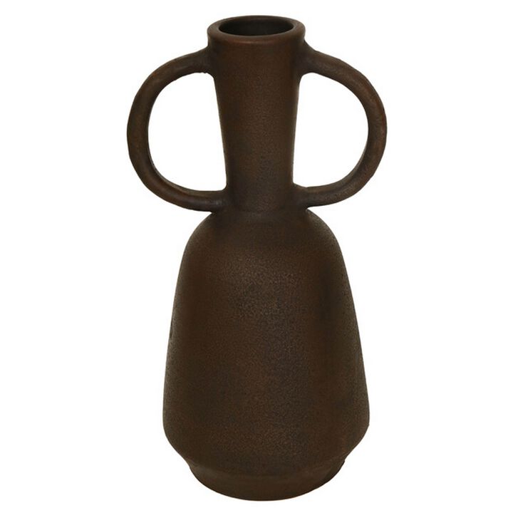Adea Flower Vase, Antique Style Amphora Shape, Thin Neck, Brown Terracotta - Benzara