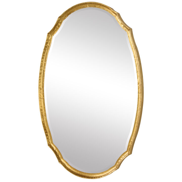 36 Inch Wood Wall Mirror, Oval Shape, Concave Surface, Gold-Benzara
