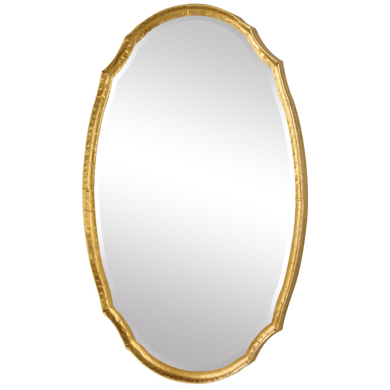 36 Inch Wood Wall Mirror, Oval Shape, Concave Surface, Gold-Benzara