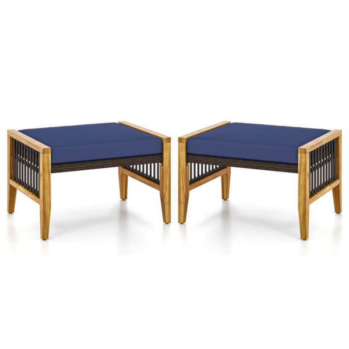 Hivvago Patio Acacia Wood Ottomans with Cushions and Versatile Rattan Woven Footstools