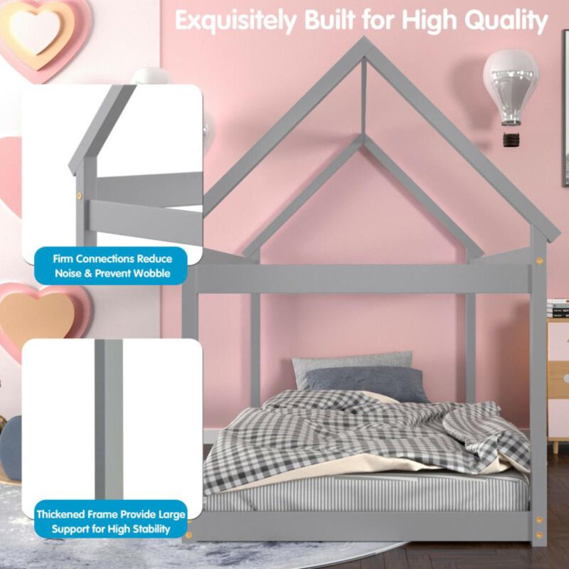 Hivvago Twin Size Kids House Bed Wood Frame with Roof
