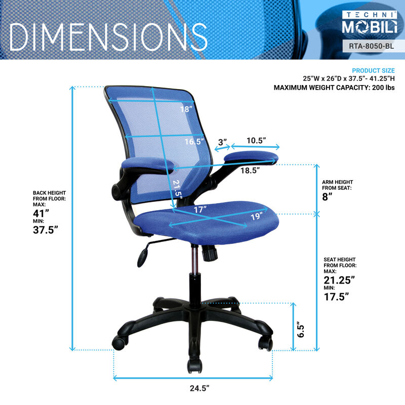 Mesh Task Office Chair With Flip Up Arms, Blue