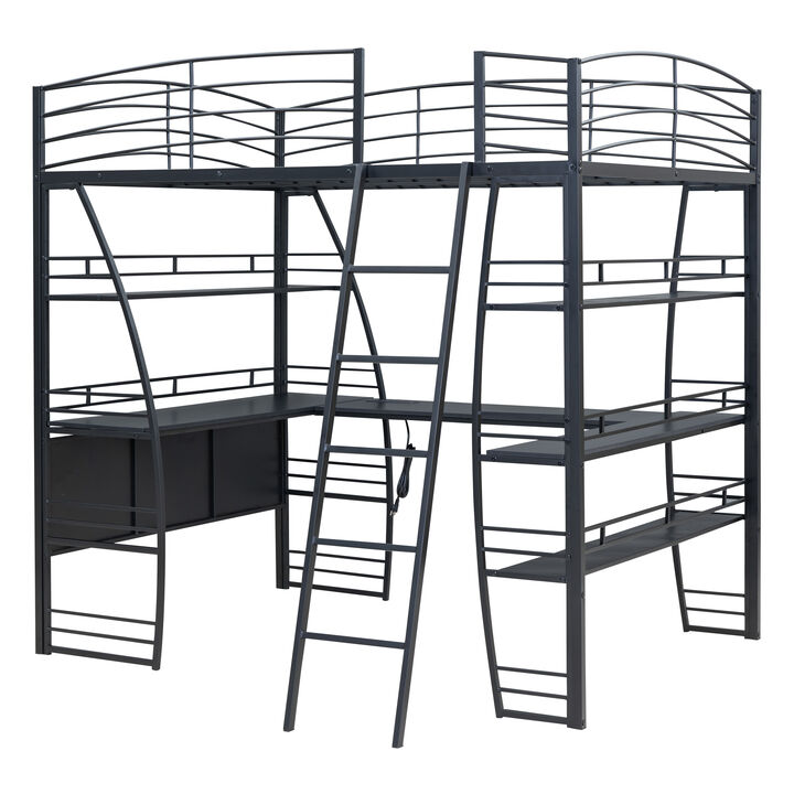 Full Size Loft Bed with Shelves, L-Shaped Desk & Charging Ports