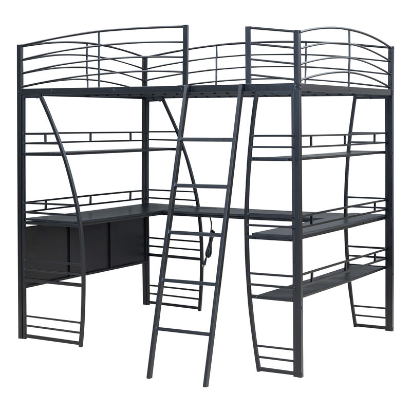 Full Size Loft Bed with Shelves, L-Shaped Desk & Charging Ports