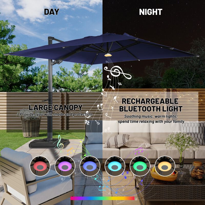 10 ft. 360° Rotation Square Cantilever Patio Umbrella with Base and BT in Navy Blue