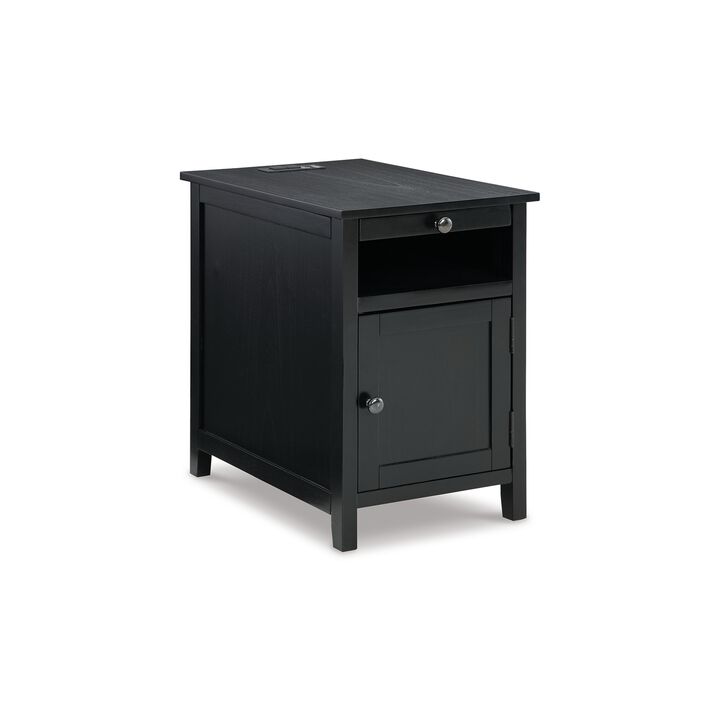 Gena Side End Table, Shelf and Pull Out Tray, Black Solid Wood 24 Inch - Benzara