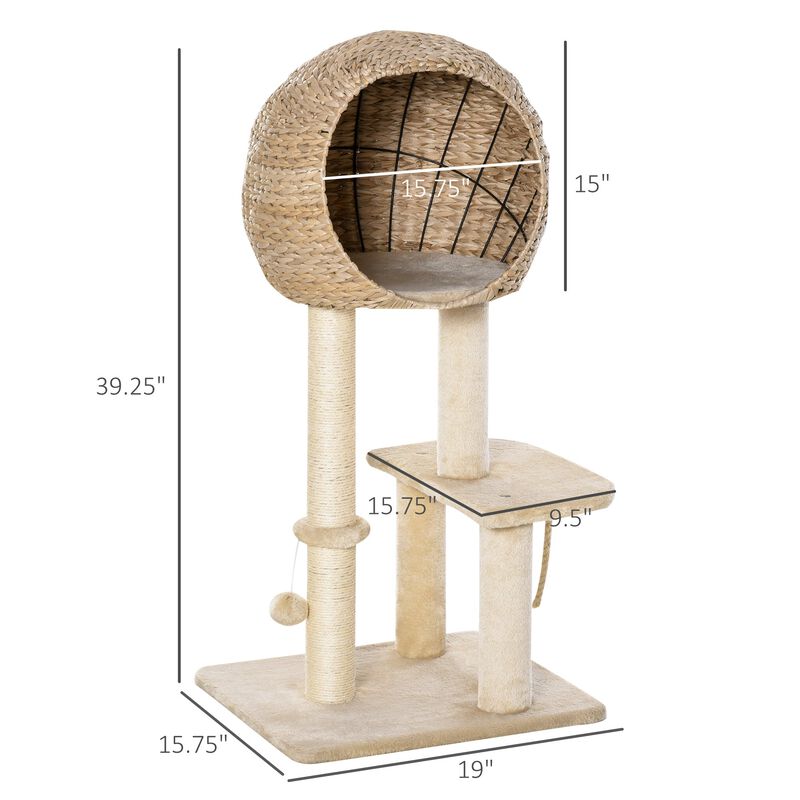 Beige Cat Playground: 39"H Modern Tree with Scratching Post and Condo