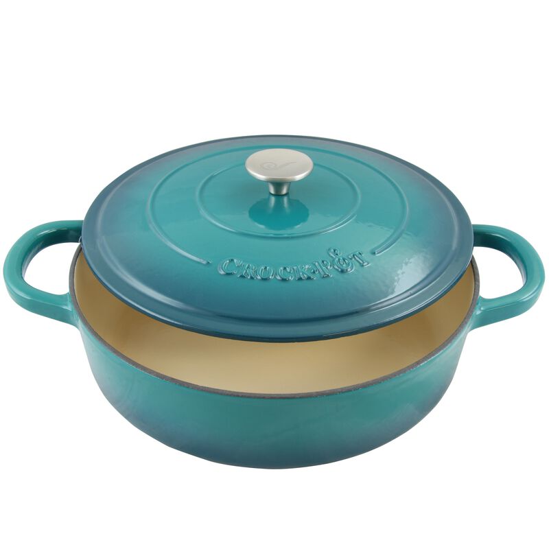 Crock Pot Artisan Enameled Cast Iron 5 Quart Round Braiser Pan with Self Basting Lid in Teal Ombre
