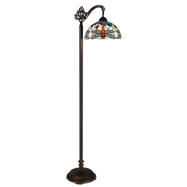 62 Inch Floor Lamp, Down Arc Shade Tiffany Style Stained Glass, Bronze - Benzara