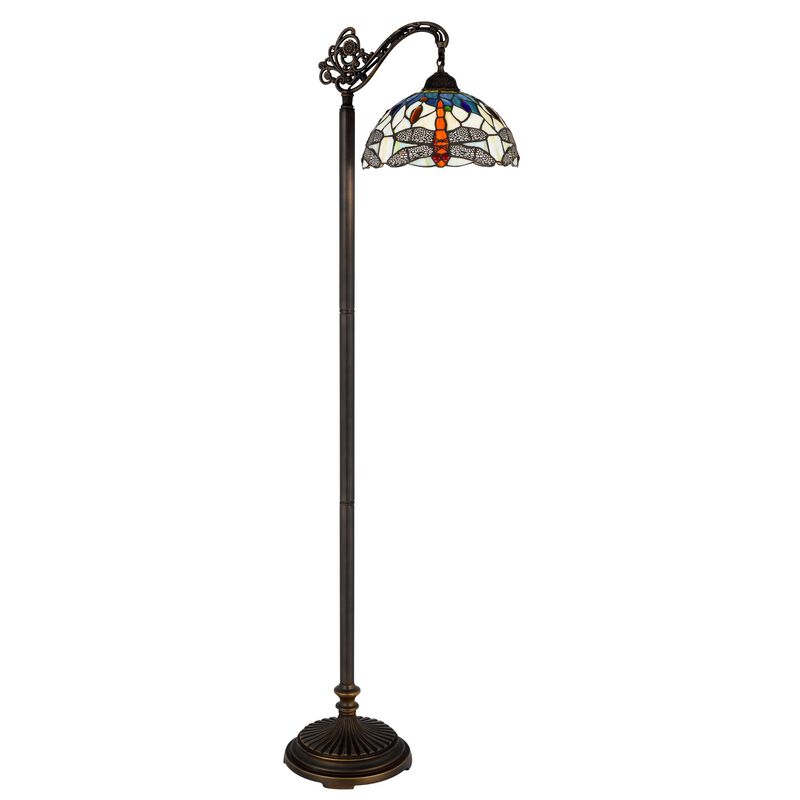62 Inch Floor Lamp, Down Arc Shade Tiffany Style Stained Glass, Bronze - Benzara