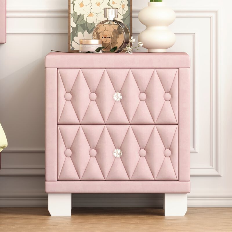 Elegant Velvet Nightstand with 2 Drawers and Crystal Handle, Storage Bedside Table with Button-Tufted