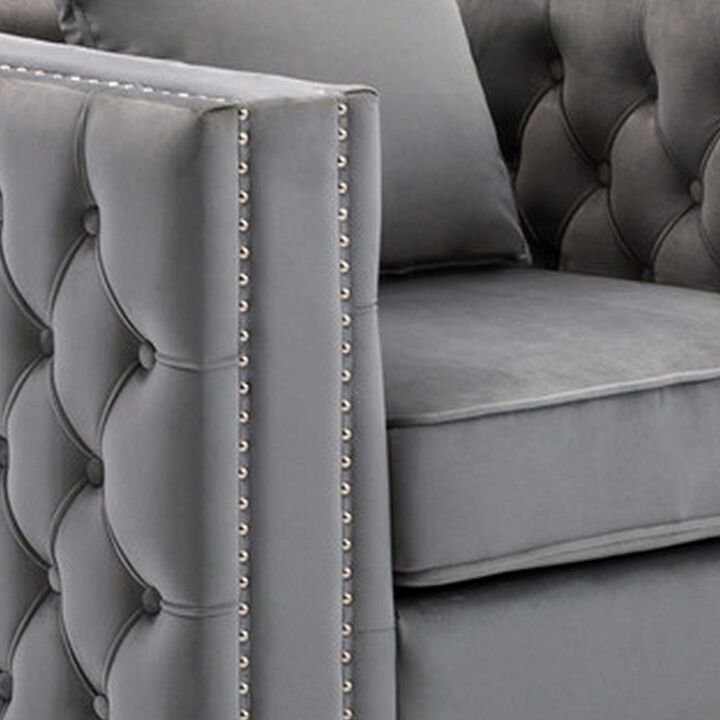 Joni 40 Inch Armchair, Chesterfield Design, Button Tufting, Gray Velvet-Benzara