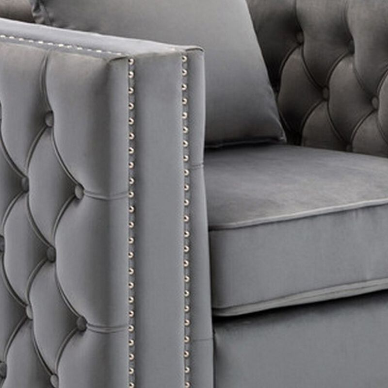 Joni 40 Inch Armchair, Chesterfield Design, Button Tufting, Gray Velvet-Benzara