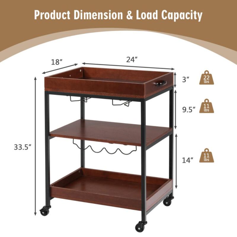 Hivvago 3 Tiers Kitchen Island Serving Bar Cart with Glasses Holder and Wine Bottle Rack