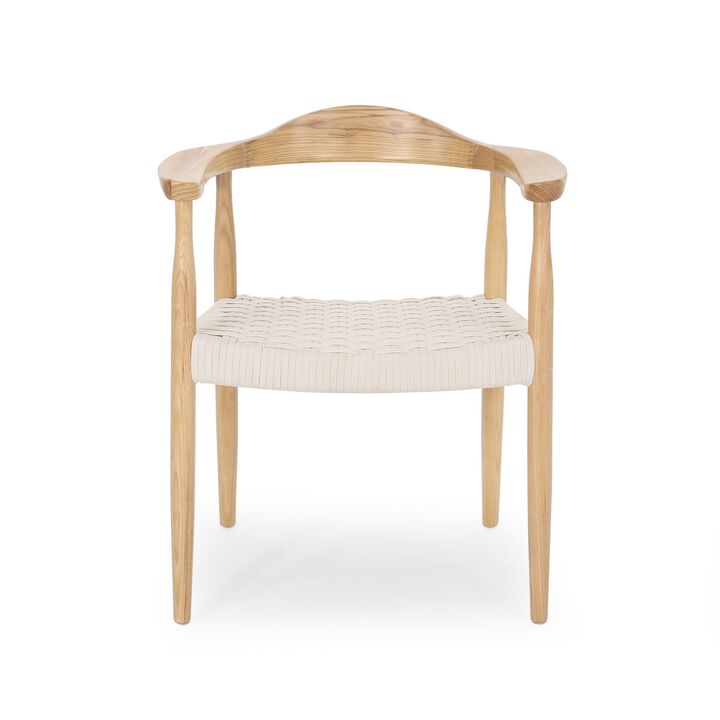 Accent Armchair, White Rope Woven Style Seat, Natural Brown Ash Wood - Benzara