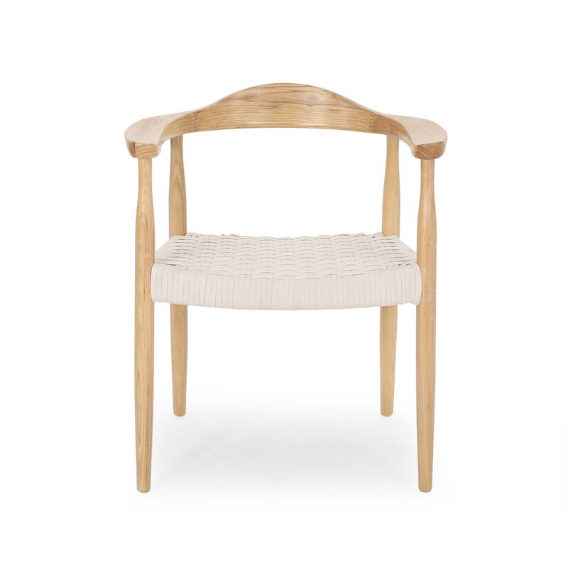 Accent Armchair, White Rope Woven Style Seat, Natural Brown Ash Wood - Benzara