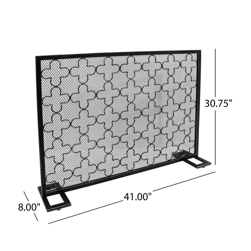 30x41 Fireplace Screen, Classic Clover Trellis Pattern, Black Iron -Benzara
