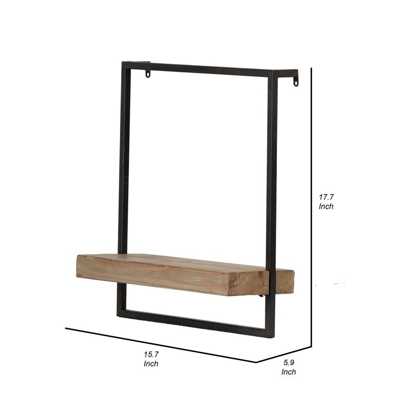 Yin 18 Inch Wall Shelf, Rectangular Industrial Frame, Black Iron Brown Wood - Benzara