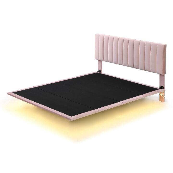 Queen Size Upholstered Bed With Sensor Light And Headboard, Floating Velvet Platform Bed, Pink