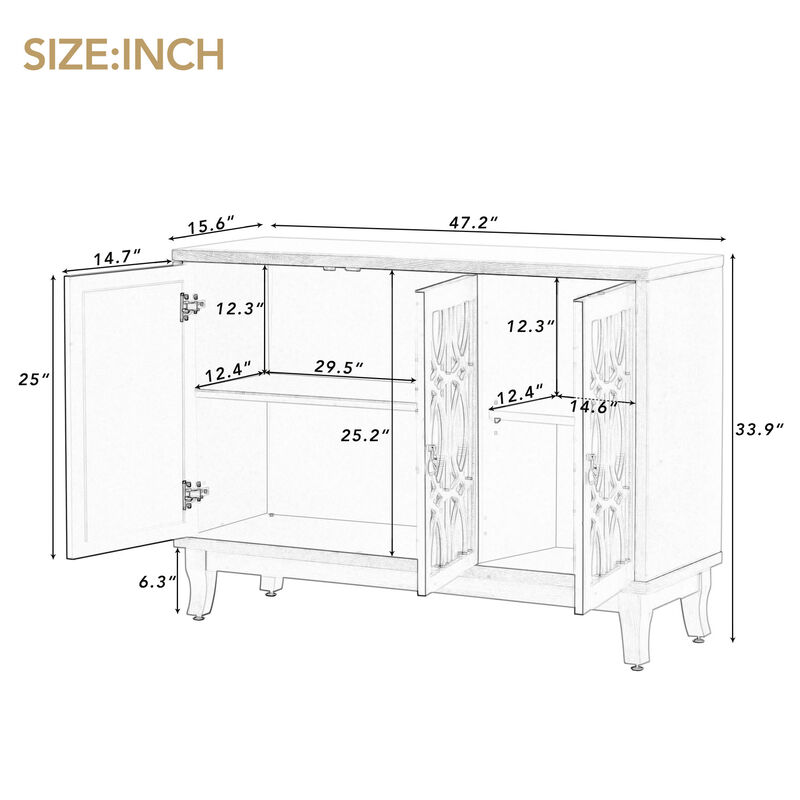 Sideboard With Glass Doors, 3 Door Mirrored Buffet Cabinet With Handle For Living Room