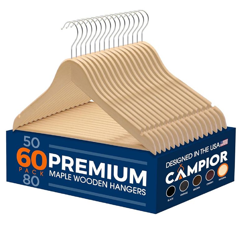 Wooden Clothes Hangers - 60 Pack, Durable, Non-Slip, Space-Saving Hangers for Dresses, Coats, and More, Holds Up to 10 lbs with 360° Swivel Hook, Natural Finish