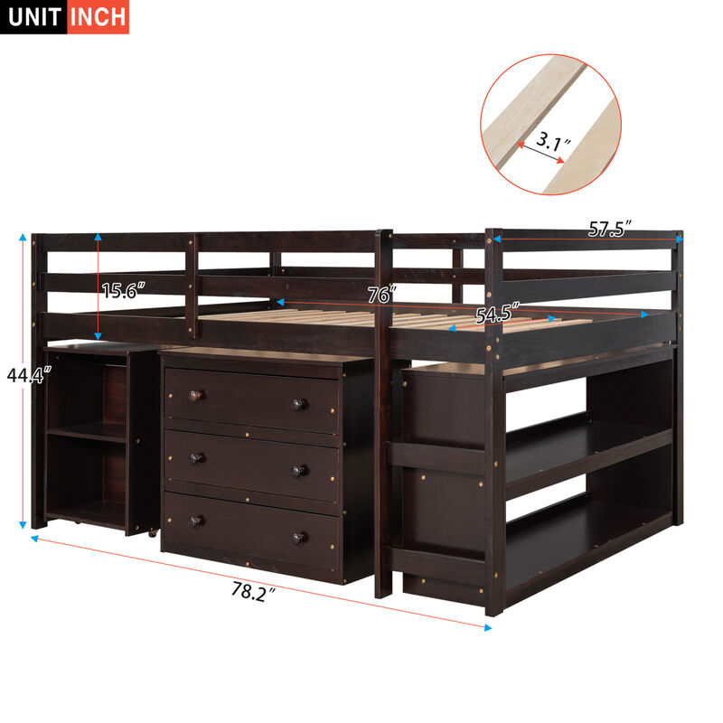 Low Study Full Loft Bed With Cabinet, Shelves And Rolling Portable Desk, Multiple Functions